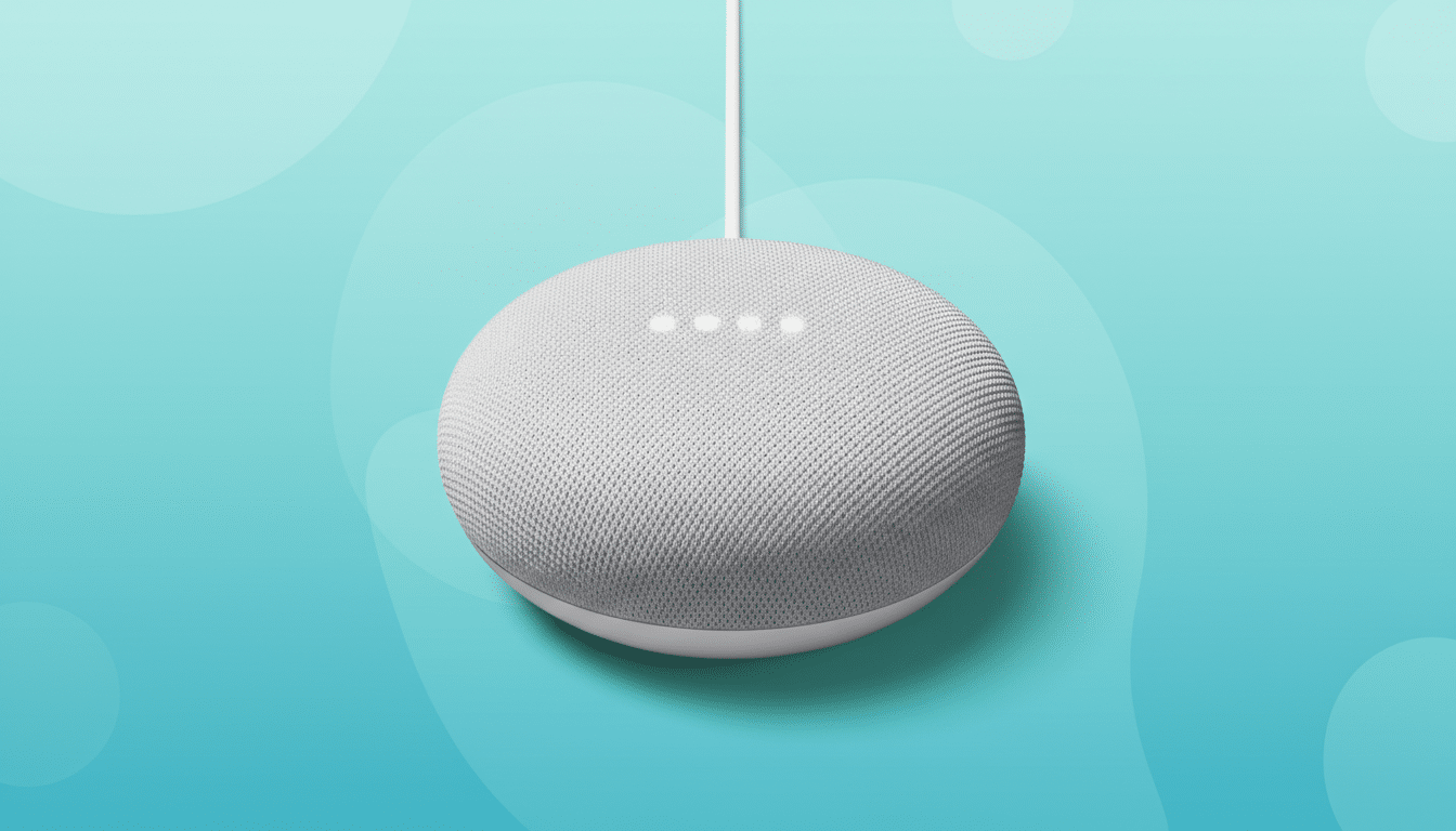 A white Google Home Mini smart speaker with four illuminated dots on top, hanging by its white power cord against a professional flat design background with soft blue gradients and subtle wave patterns.