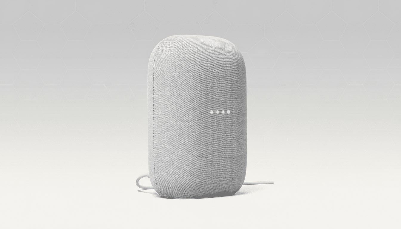 A white Google Nest Audio smart speaker with a fabric grille, shown at a slight angle on a light gray background with subtle geometric patterns.