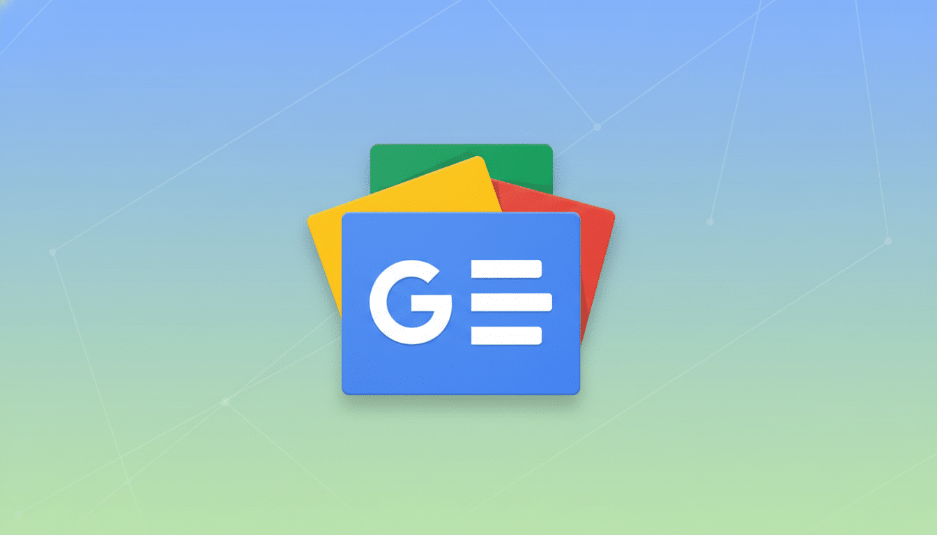 The Google News app icon is displayed on a professional flat design background with soft patterns and gradients.