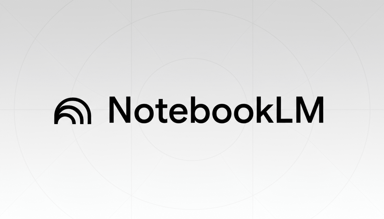 The NotebookLM logo, featuring a stylized black icon resembling a notebook or sound waves, next to the text NotebookLM in black, all set against a professional light gray background with subtle geometric patterns.