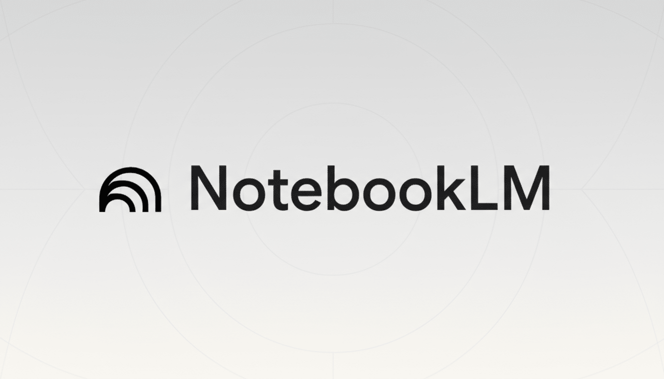 The NotebookLM logo, featuring a stylized black icon resembling stacked arcs next to the text NotebookLM in black, presented on a light gray background with subtle, concentric circular patterns.