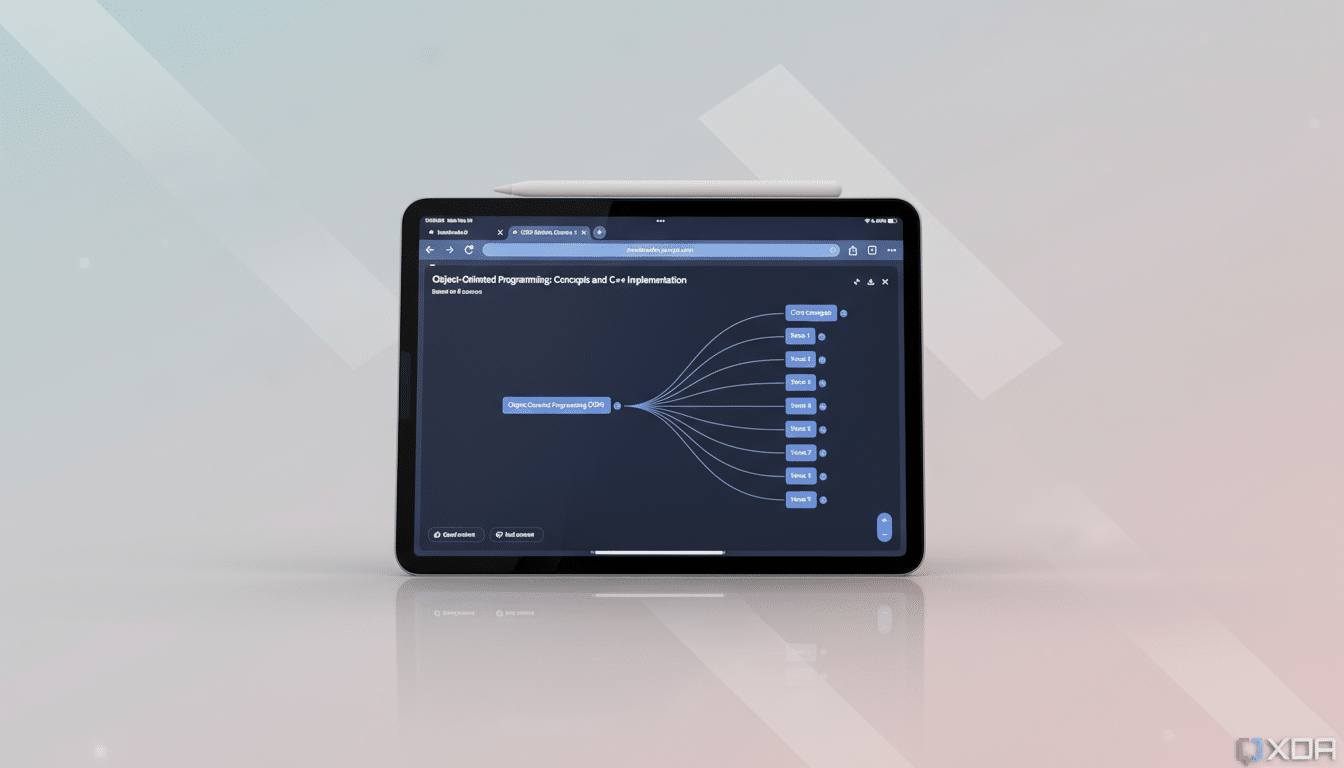 An iPad displaying a mind map about Object-Oriented Programming, resized to a 16:9 aspect ratio with a professional flat design background featuring soft patterns and gradients.