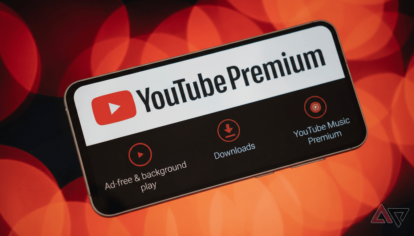A smartphone displaying the YouTube Premium interface, showcasing features like ad-free playback, downloads, and YouTube Music Premium, set against a blurred red background.