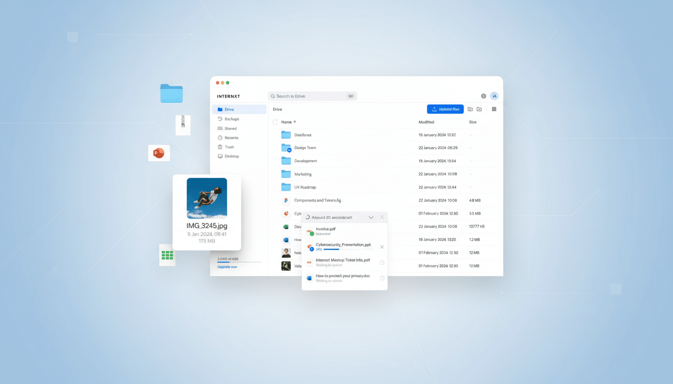 A professional, clean presentation of a cloud storage interface with various files and folders, set against a soft blue gradient background.