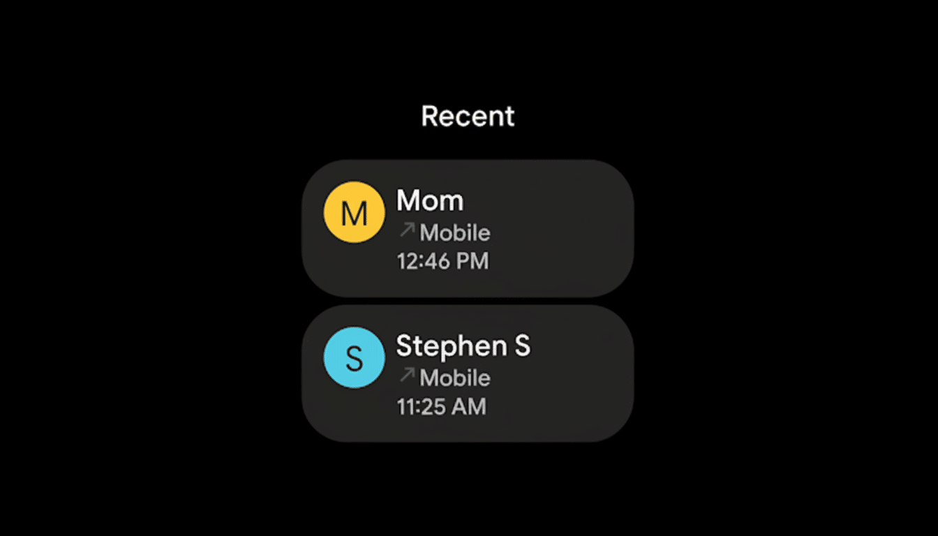 A mobile phone screen showing a Recent call list with two entries: Mom and Stephen S.