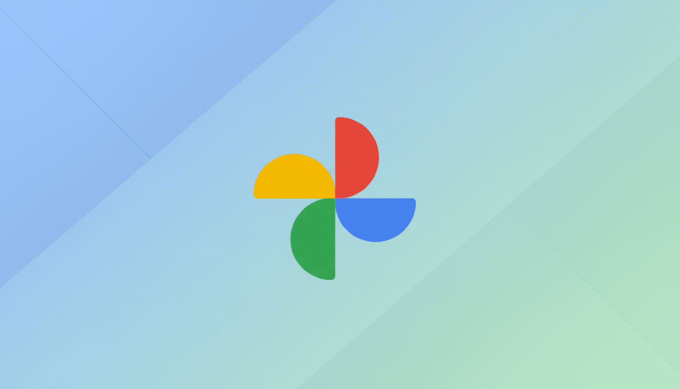The Google Photos logo, consisting of four colorful pinwheel-like shapes (red, yellow, green, and blue), centered on a professional flat design background with soft blue and green gradients and subtle geometric patterns.