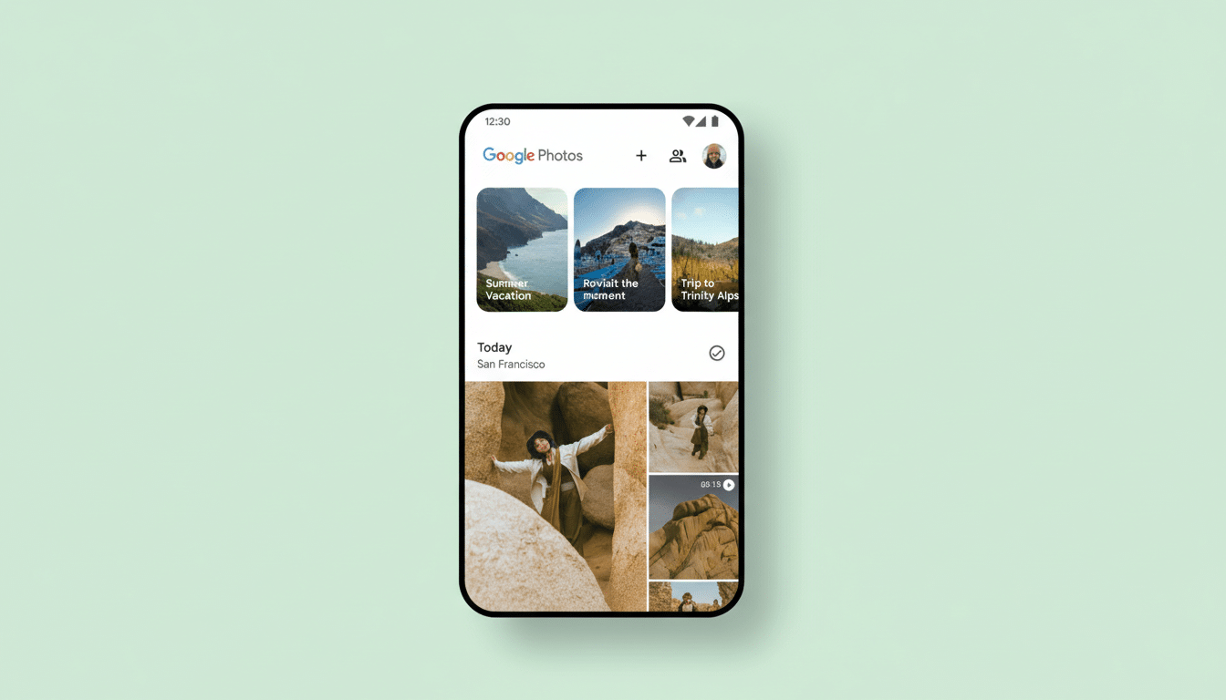 A smartphone displaying the Google Photos app interface, showcasing various photo albums and a Today section with images of a person in a rocky landscape. The phone is centered on a light green background.