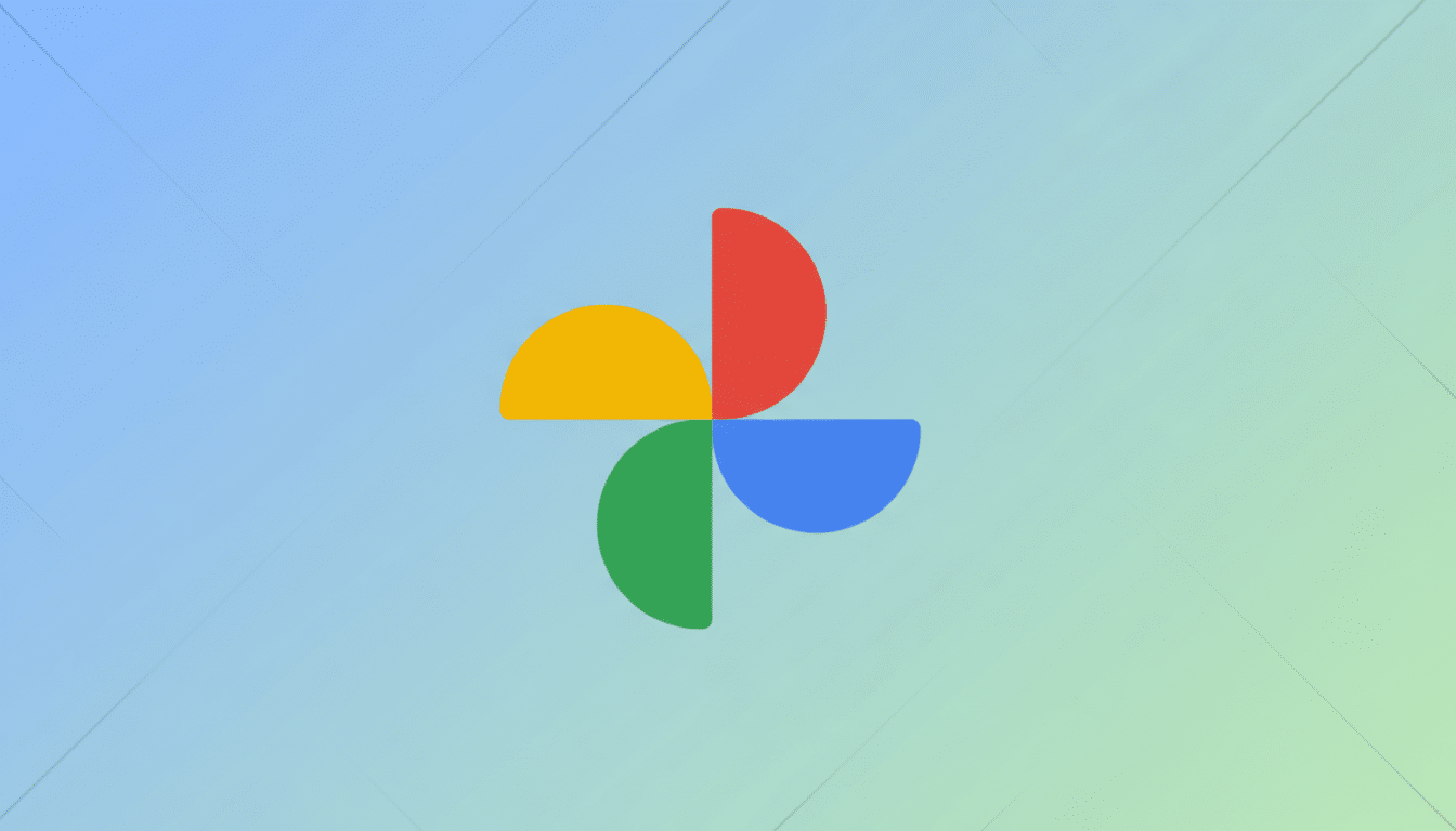 The Google Photos logo, consisting of four colorful, semicircular shapes (yellow, red, blue, and green) arranged in a pinwheel pattern, centered on a professional flat design background with a soft blue and green gradient.