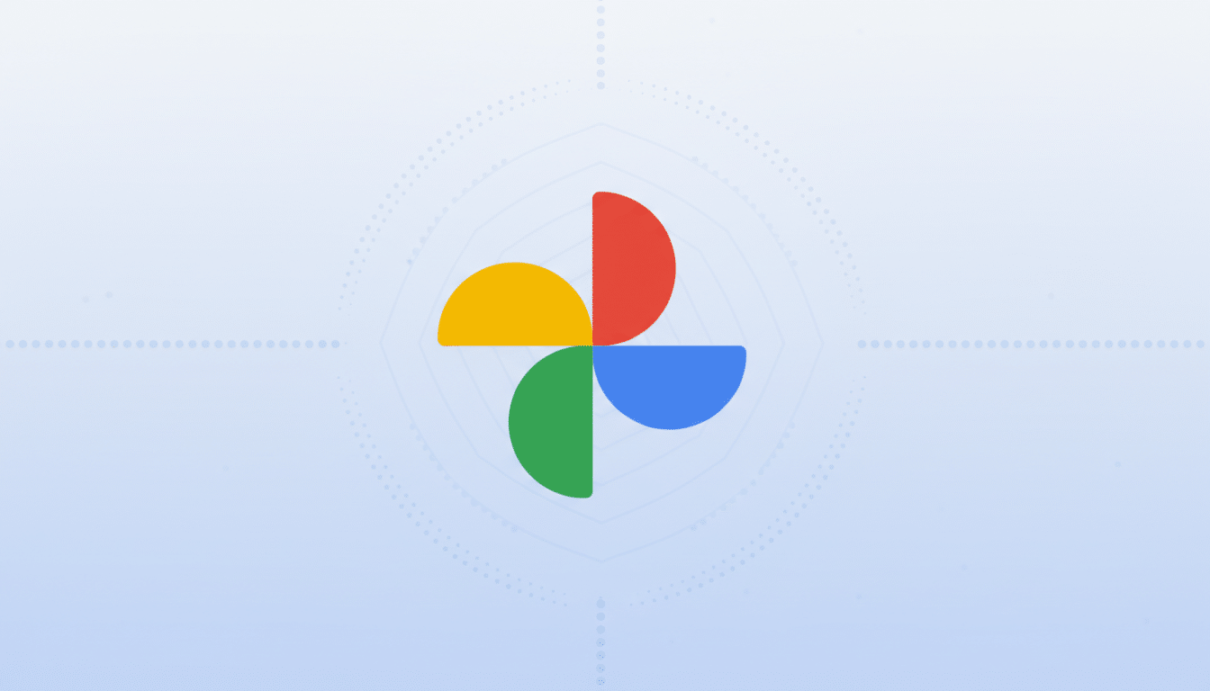 The Google Photos logo, a four-petal pinwheel in red, yellow, green, and blue, centered on a light blue gradient background with subtle geometric patterns.