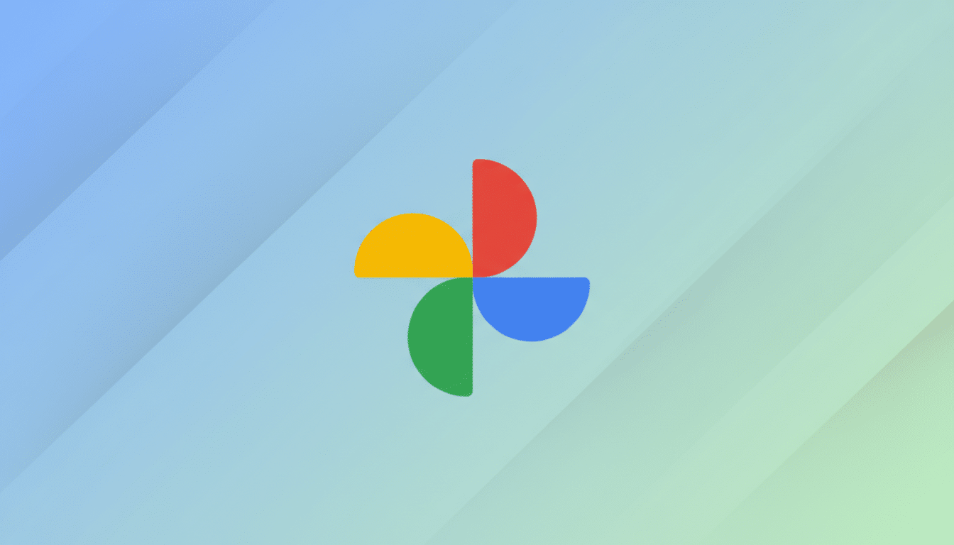 The Google Photos logo, consisting of four colorful, semicircular shapes (yellow, red, blue, green) arranged in a pinwheel pattern, centered on a professional flat design background with soft blue and green gradients and subtle diagonal patterns.