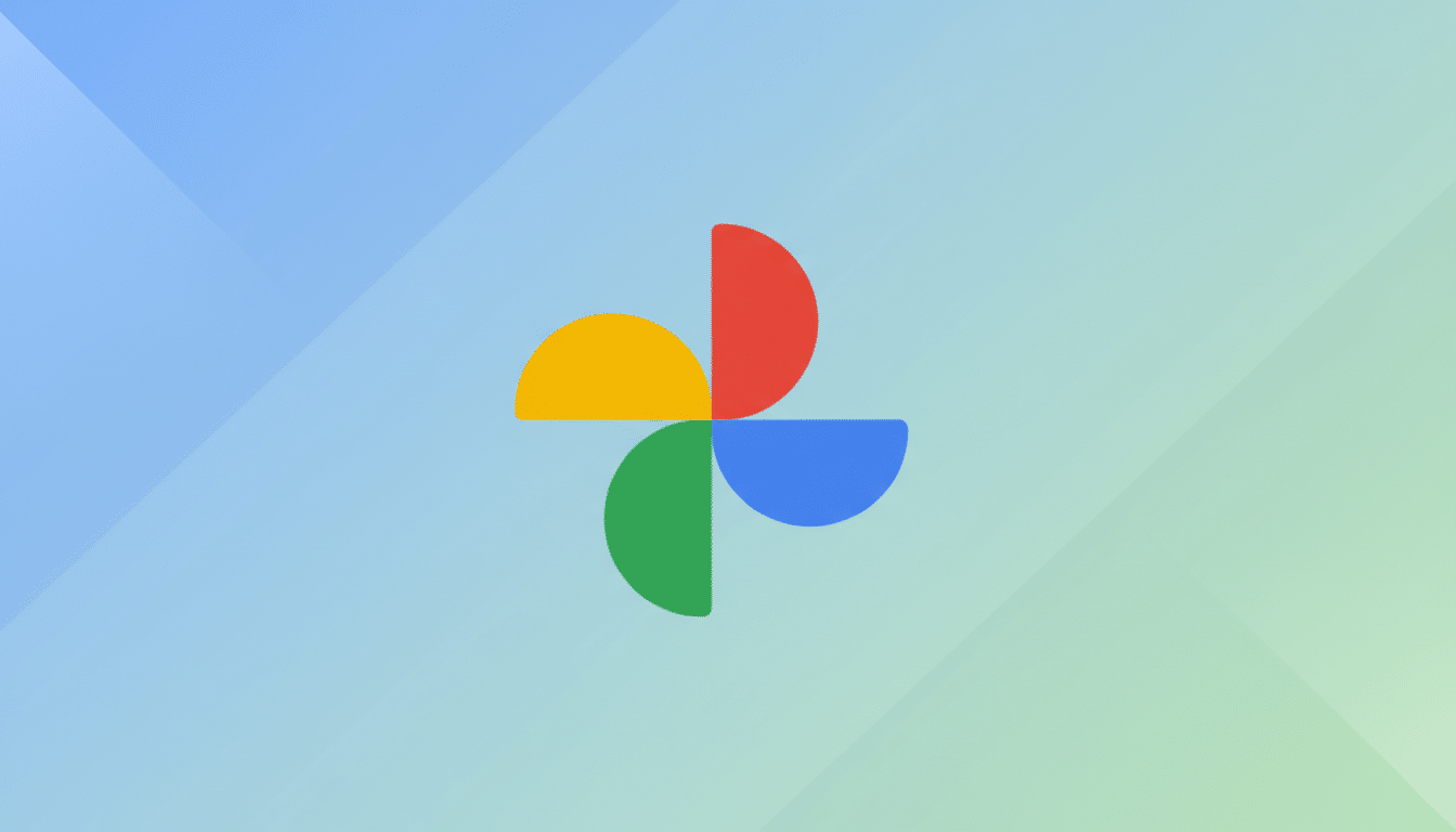 The Google Photos logo, consisting of four colorful, rounded quadrants (red, yellow, green, and blue) arranged in a pinwheel shape, centered on a professional flat design background with soft blue and green gradients and subtle geometric patterns.