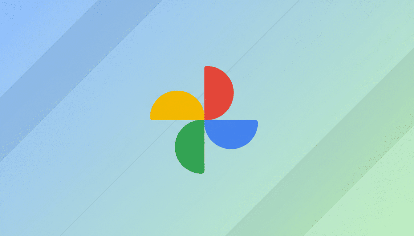 The Google Photos logo, consisting of four colorful, semicircular shapes arranged in a pinwheel pattern, centered on a professional flat design background with soft blue and green gradients and subtle diagonal lines.