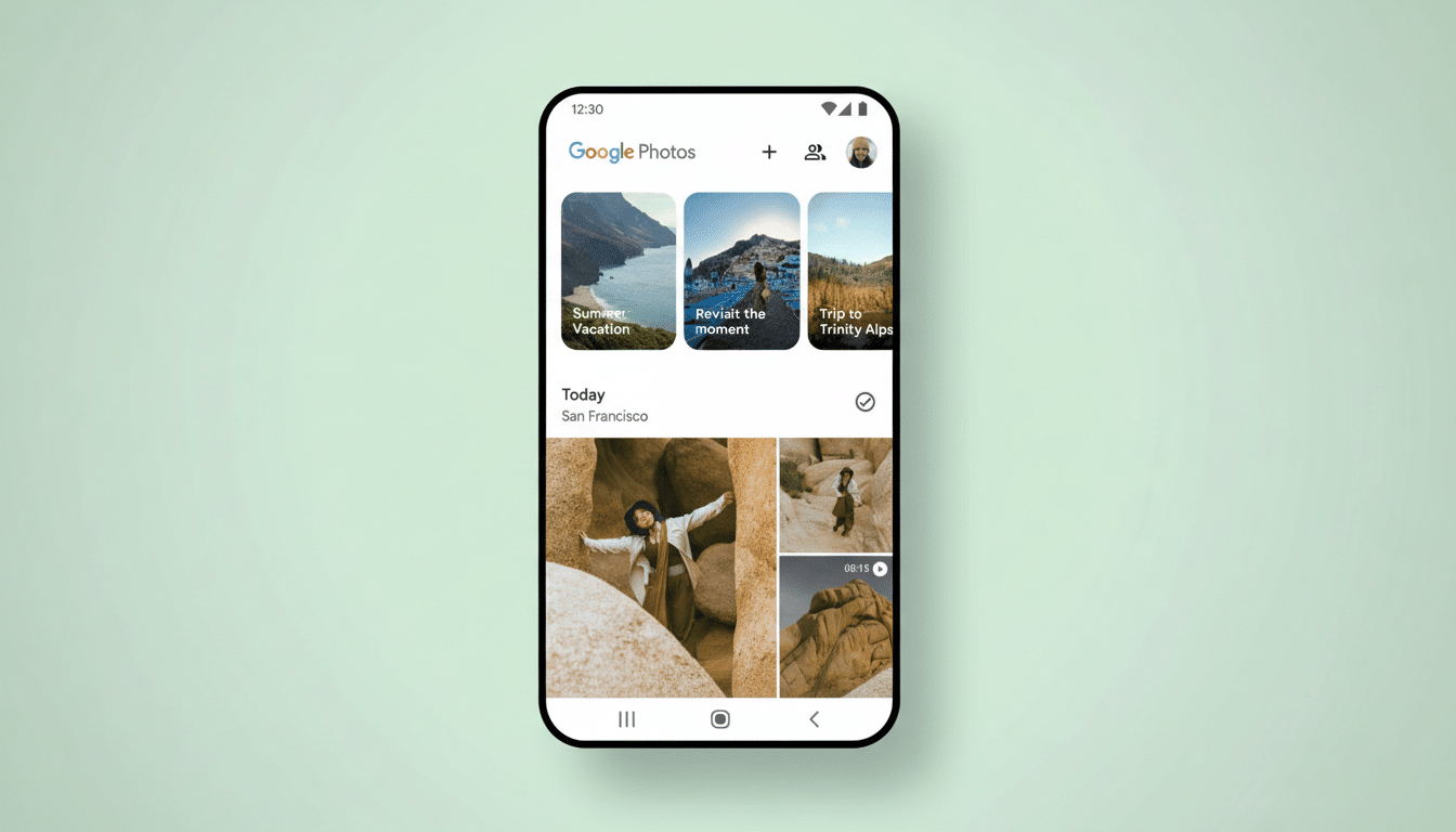 A smartphone displaying the Google Photos app interface, showcasing various photo albums and a Today section with images of a person in a rocky landscape. The phone is centered on a light green background.