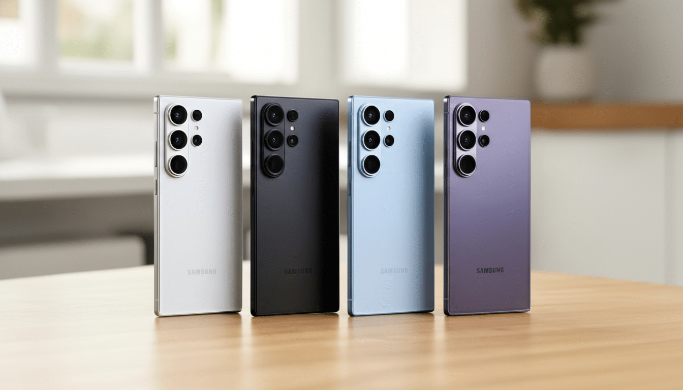 Four Samsung smartphones in white, black, light blue, and purple are displayed upright on a wooden surface, with a blurred background of a room with a window.