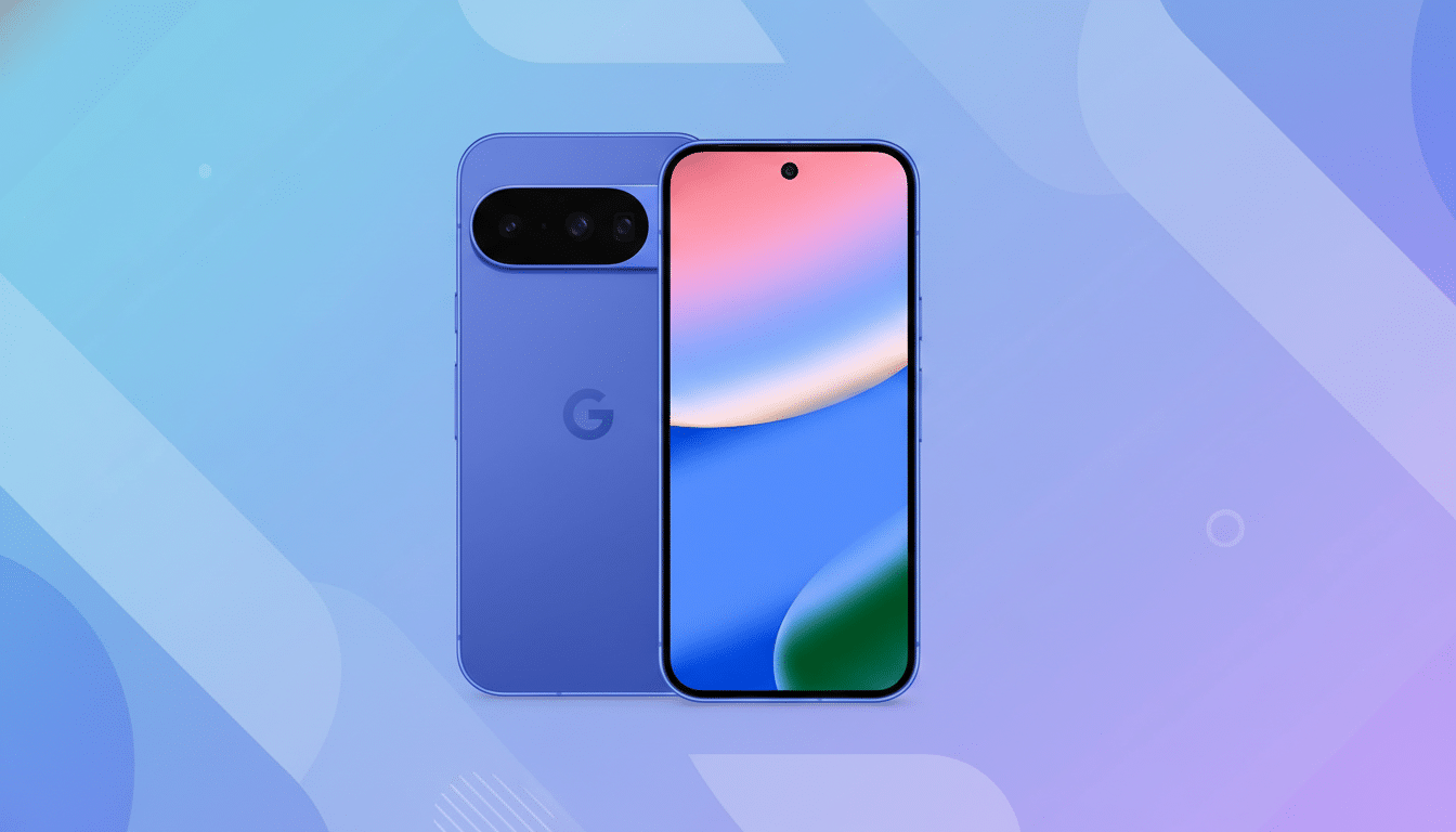 A purple Google Pixel smartphone, with its front and back visible, set against a professional flat design background with soft blue and purple gradients and subtle geometric patterns.