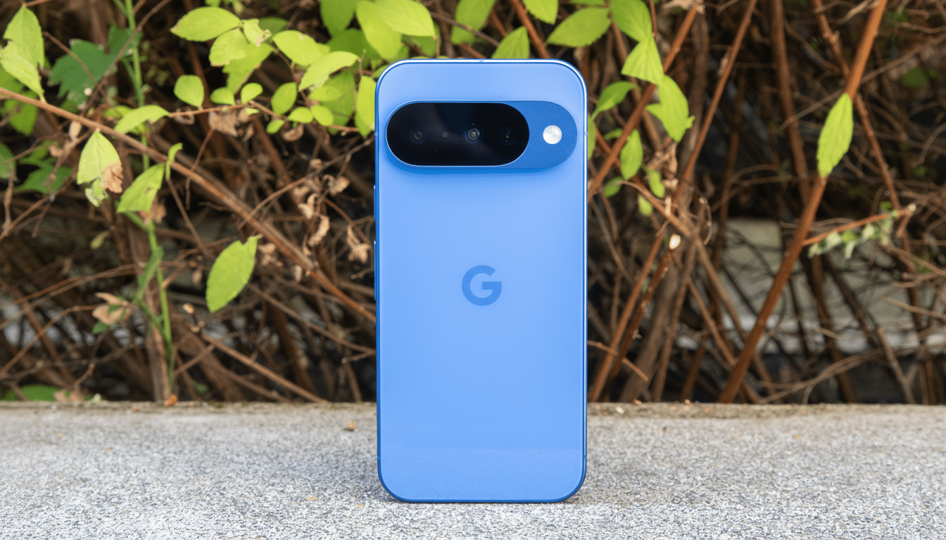 A blue Google Pixel phone standing upright on a concrete surface with a background of green leaves and brown branches.