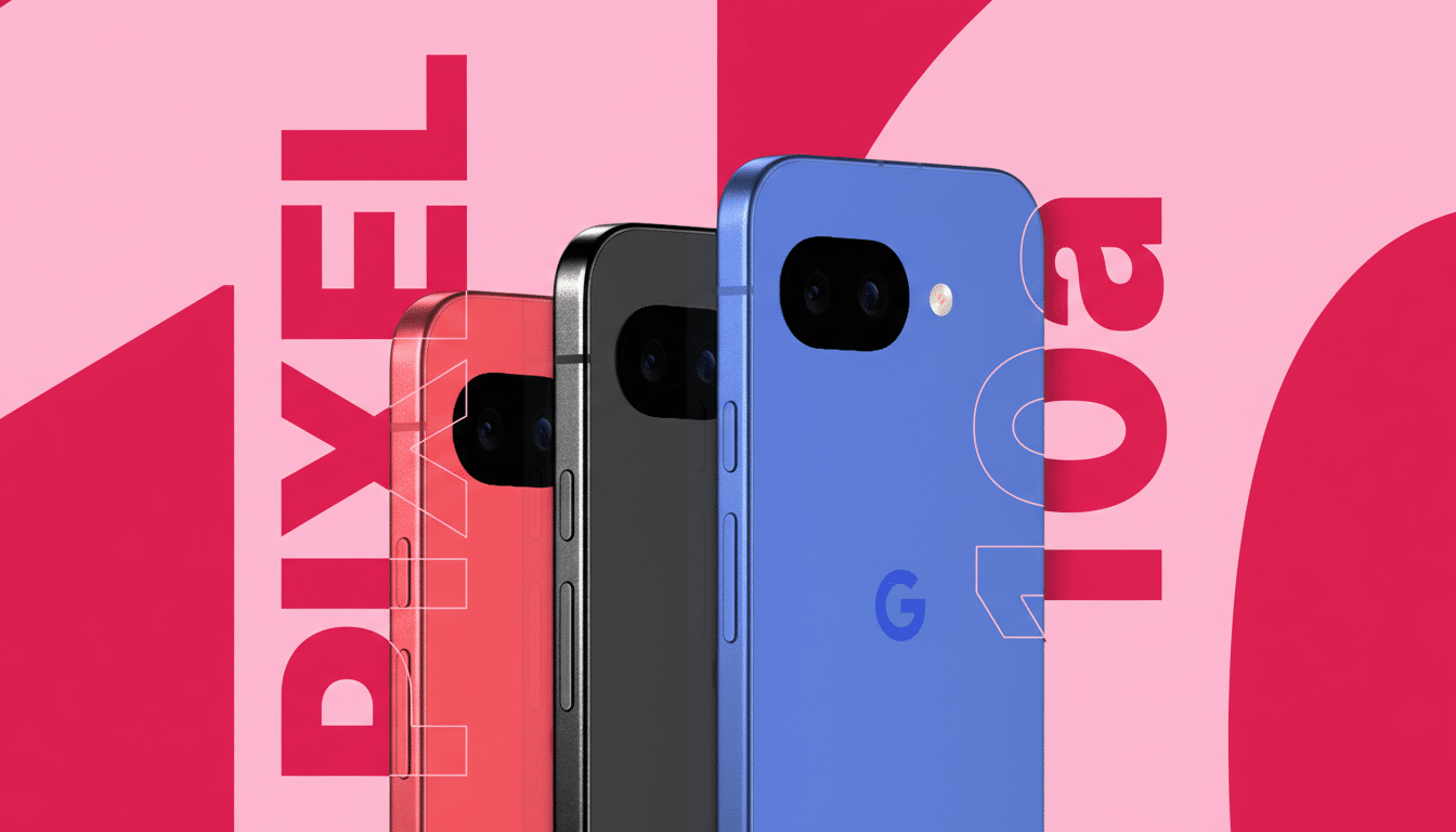 Three Google Pixel 7a phones in red, black, and blue, arranged diagonally against a pink and red background with the text PIXEL 7a in large, stylized letters.
