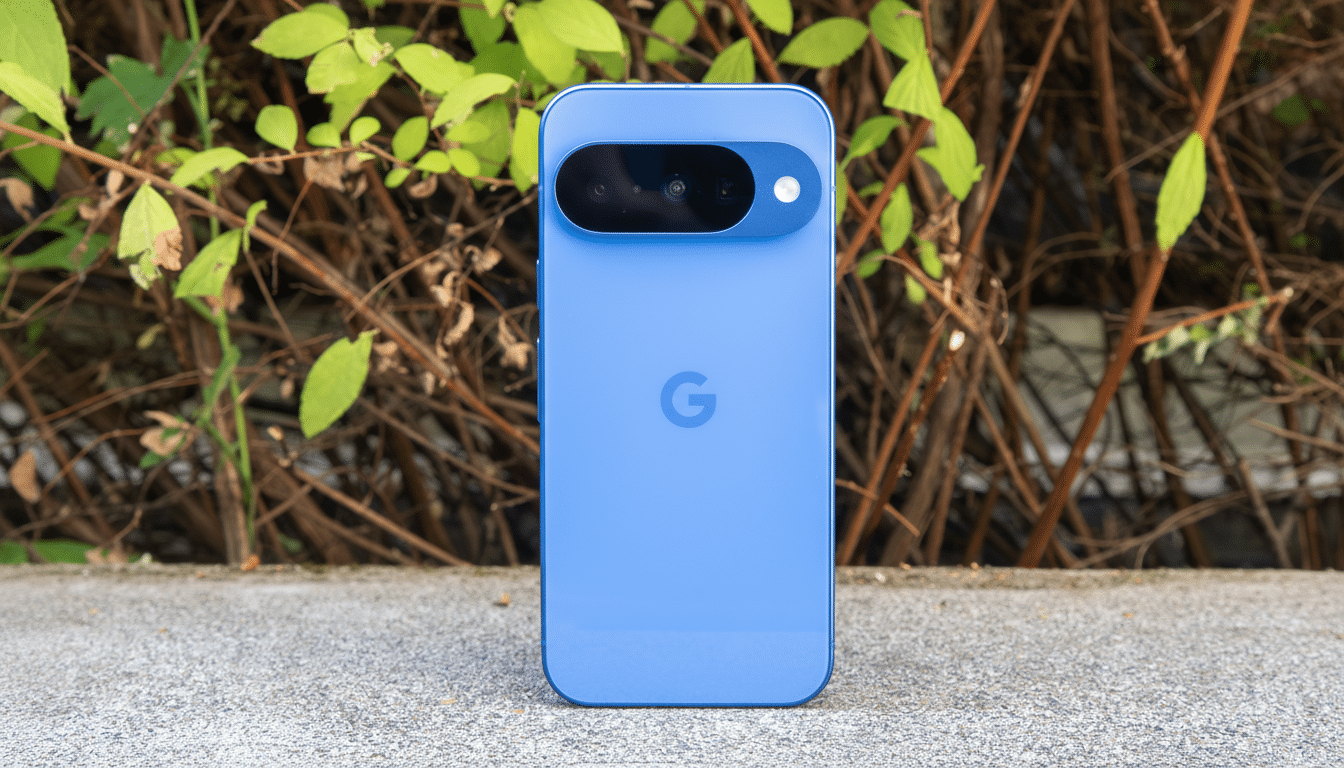 A blue Google Pixel smartphone is shown from the back, standing upright on a concrete surface with a background of green leaves and brown branches.