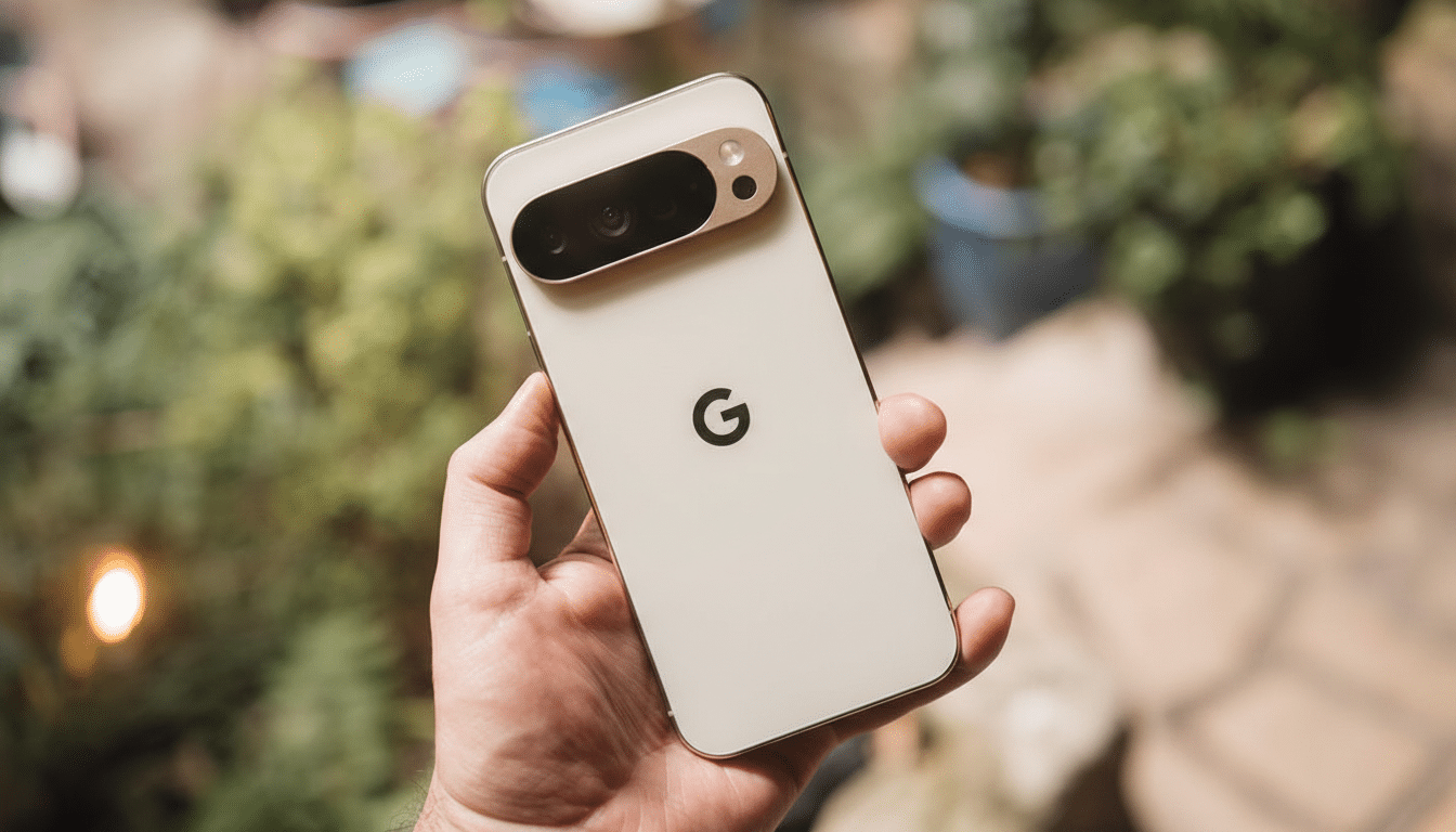 A hand holding a light-colored smartphone with a prominent camera bar, set against a blurred background of greenery.
