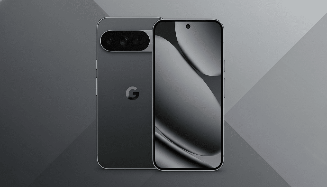 A dark gray smartphone with a camera bar on the back and a screen displaying abstract gray shapes, presented on a professional gray background with subtle geometric patterns.