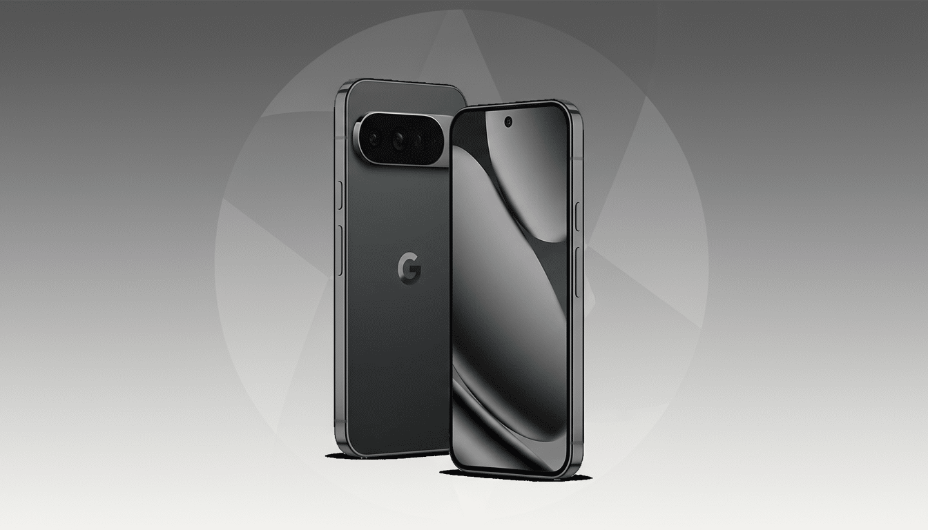 Two dark gray smartphones, one facing forward and one facing backward, are displayed against a professional gray gradient background with a subtle circular pattern.