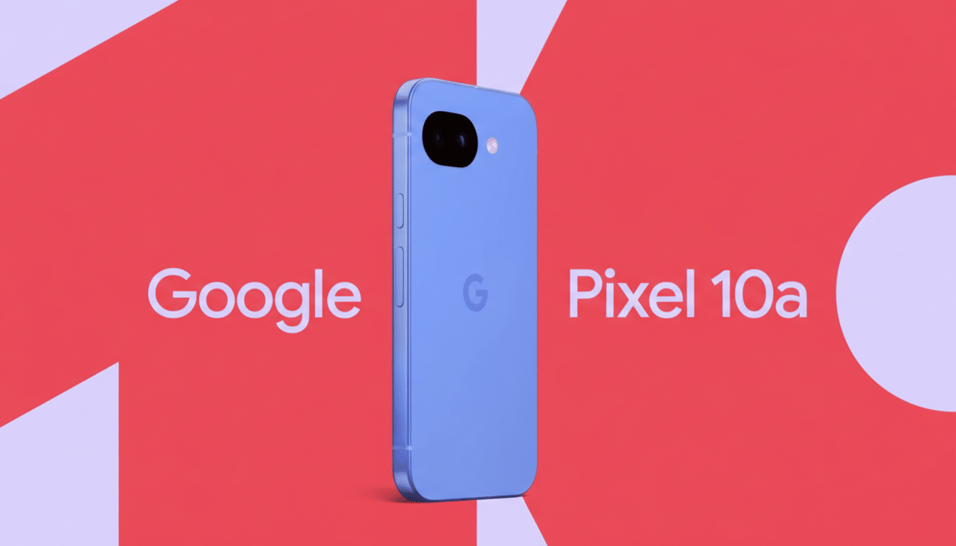 A blue Google Pixel 10a smartphone is centered on a vibrant red background with Google on the left and Pixel 10a on the right, both in white text.