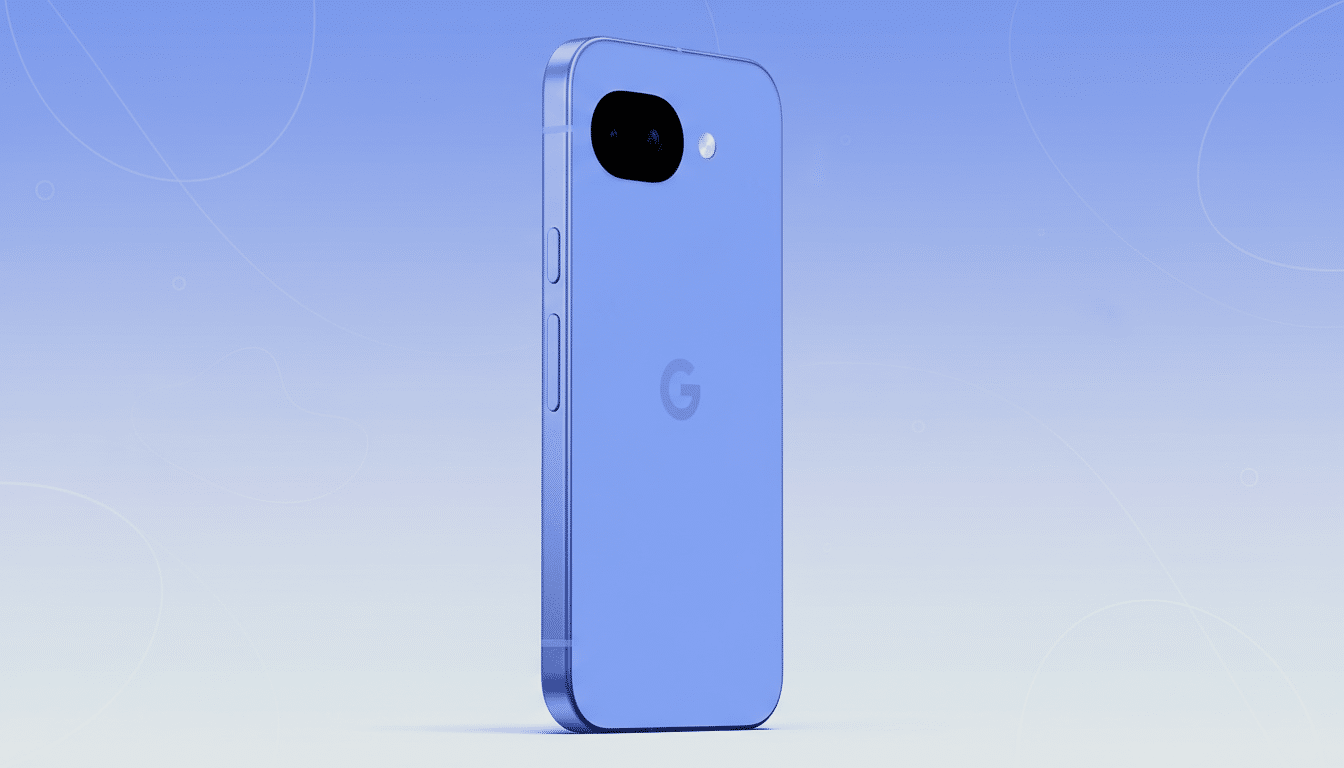 A blue smartphone with a Google logo on the back, presented on a professional flat design background with soft patterns and gradients.