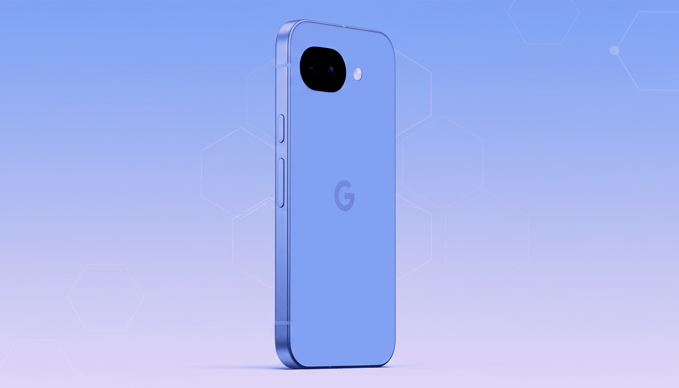 A blue smartphone with a Google logo on the back, presented in a 16:9 aspect ratio with a professional flat design background featuring soft hexagonal patterns and a gradient.