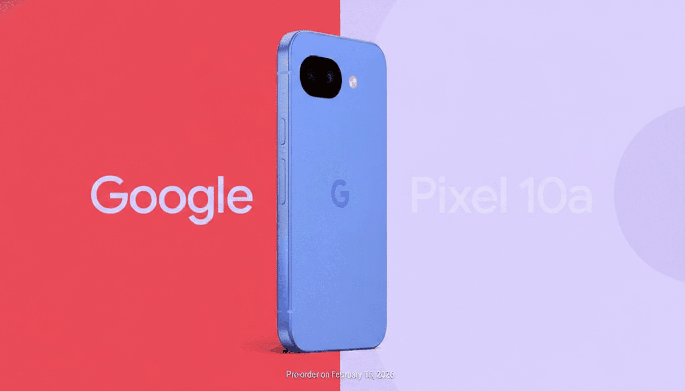 A Google Pixel 10a phone in a professional 16:9 aspect ratio, with a red and purple background.
