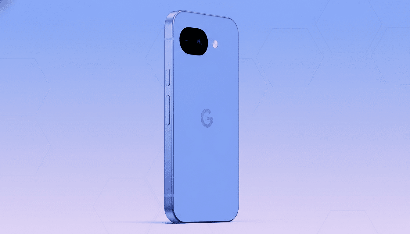 A blue smartphone with a Google logo on the back, presented on a professional flat design background with soft patterns and gradients.