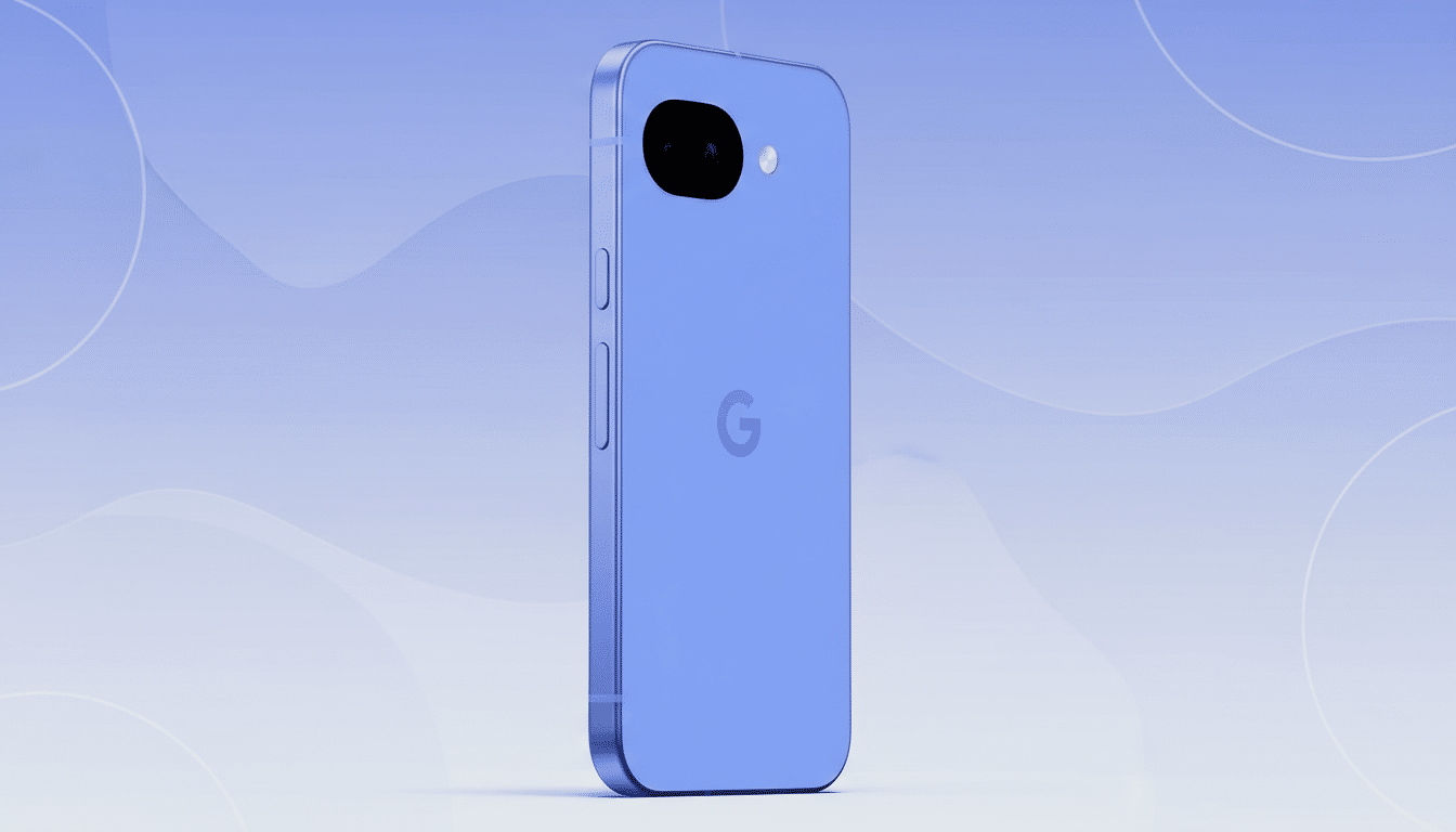 A blue smartphone with a Google logo on the back, presented on a professional flat design background with soft blue patterns and gradients.