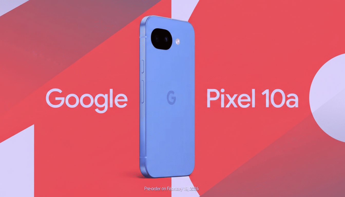 A blue Google Pixel 10a phone is centered on a red background with Google Pixel 10a written in white text on either side.