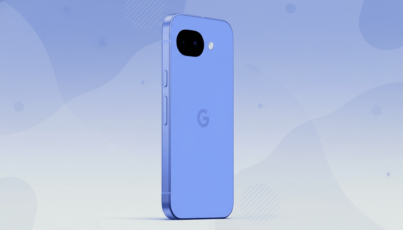 A blue Google Pixel phone is shown at a slight angle on a professional flat design background with soft blue and white patterns.