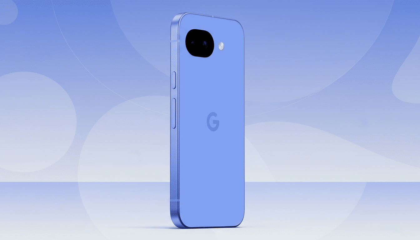 A blue smartphone with a Google logo on the back, presented in a 16:9 aspect ratio with a professional flat design background featuring soft blue gradients and subtle patterns.