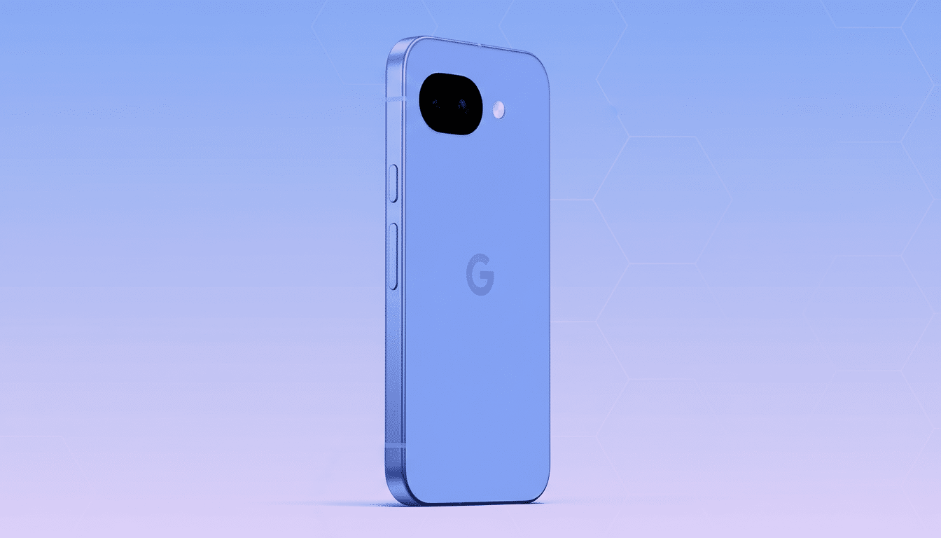 A blue smartphone with a Google logo on the back, presented on a professional flat design background with soft patterns and gradients.