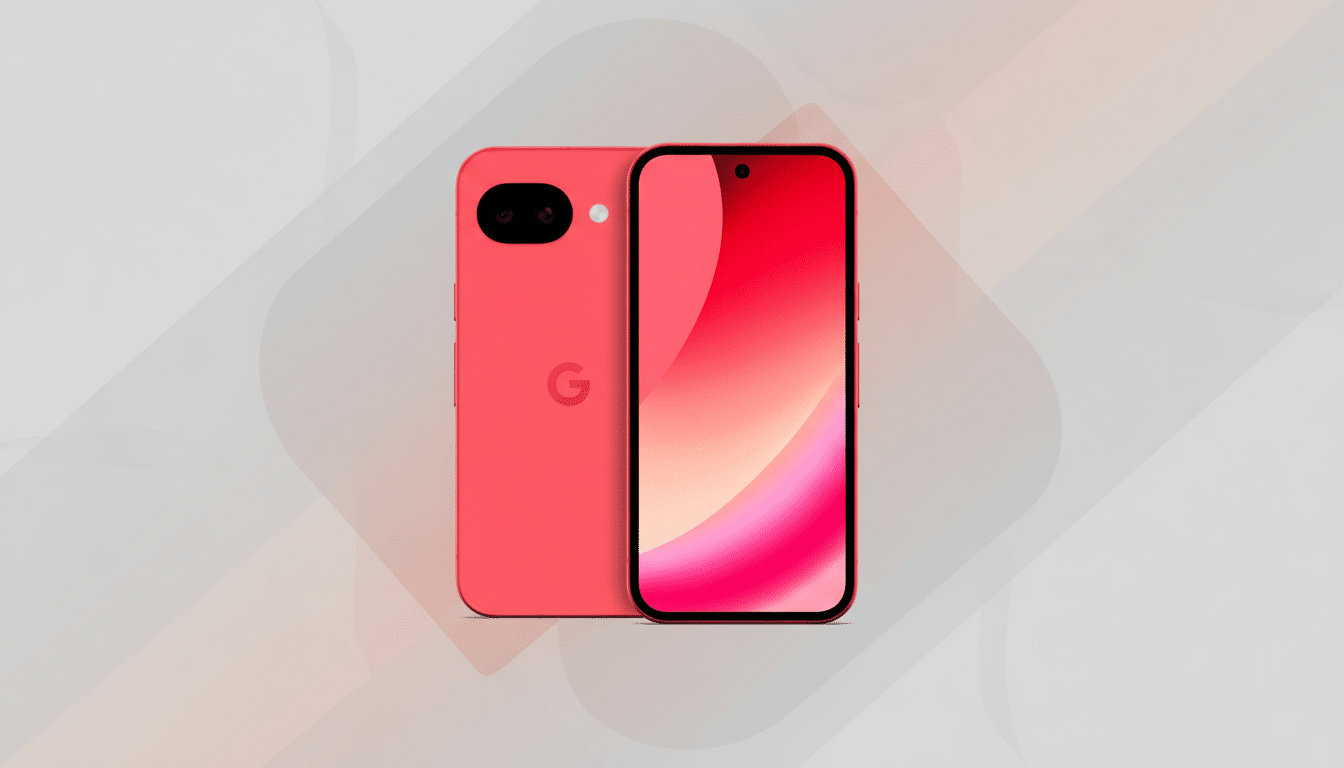 A coral-colored smartphone with a Google logo on the back, and a front view showing a vibrant red and pink gradient screen, presented on a professional light gray background with subtle geometric patterns.