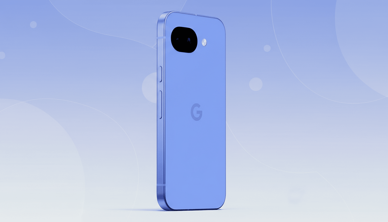 A blue smartphone with a Google logo on the back, presented in a 16:9 aspect ratio with a professional flat design background featuring soft patterns and gradients.