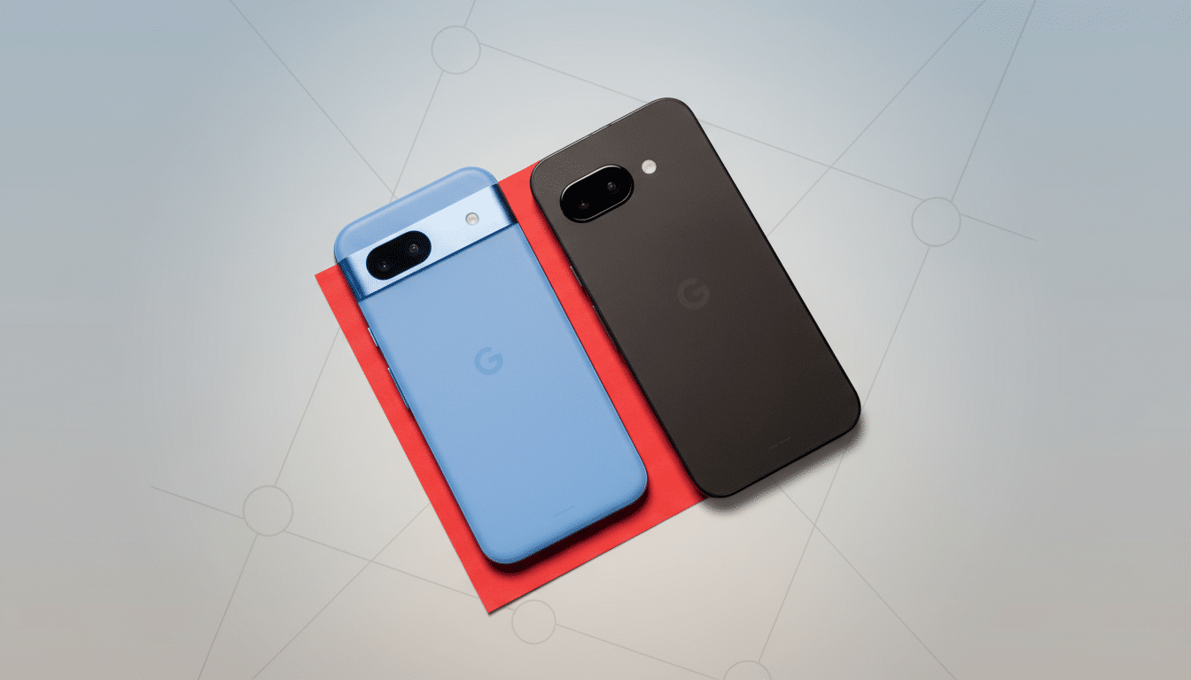 A blue Google Pixel phone and a black Google Pixel phone are displayed on a red card, set against a professional flat design background with soft patterns and gradients.