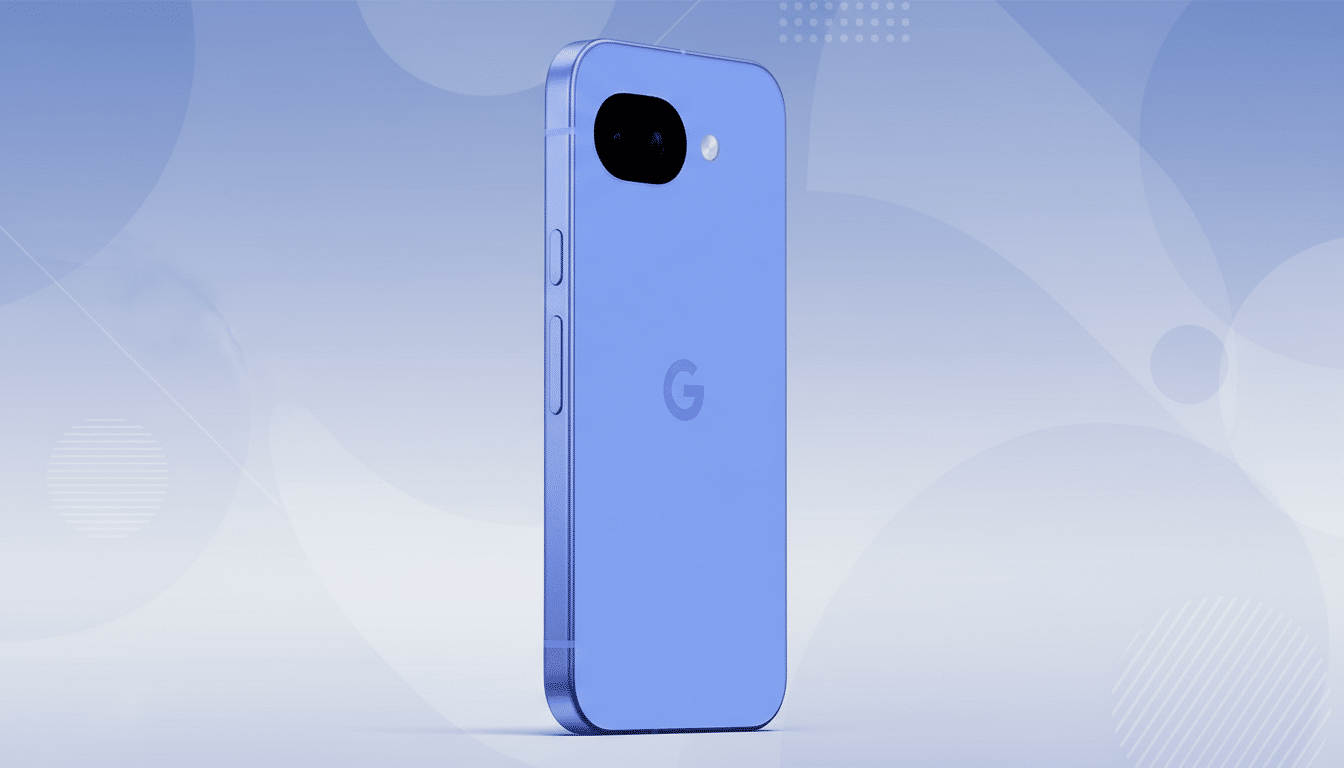 A blue smartphone with a Google logo on the back, presented on a professional flat design background with soft patterns and gradients.