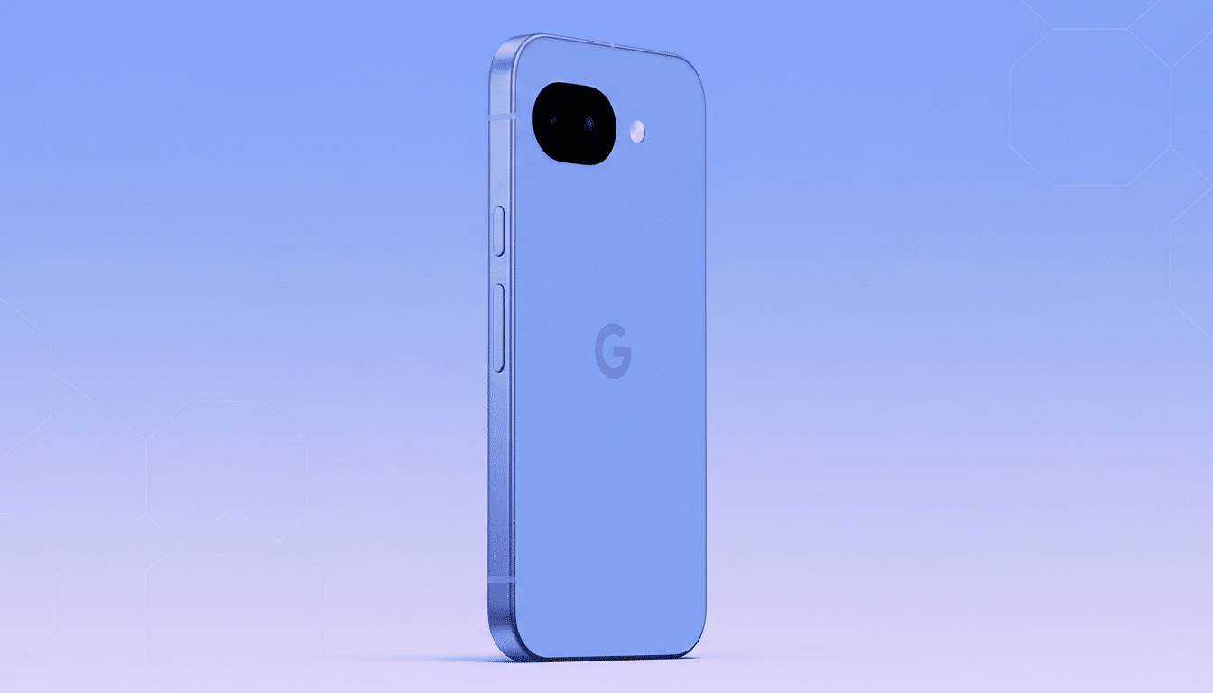 A blue smartphone with a Google logo on the back, presented on a professional flat design background with soft purple and blue gradients and subtle geometric patterns.