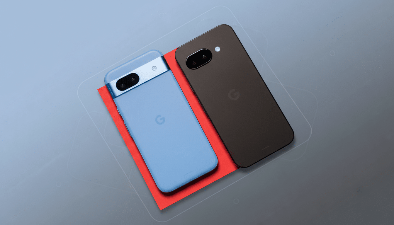 Two Google Pixel phones, one light blue and one black, resting on a red card on a professional flat gray background with subtle geometric patterns.