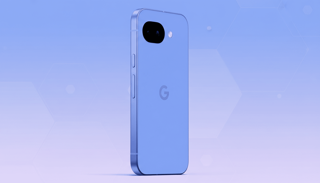 A blue smartphone with a Google logo on the back, presented in a 16:9 aspect ratio with a professional flat design background featuring soft hexagonal patterns and a gradient from light blue to purple.