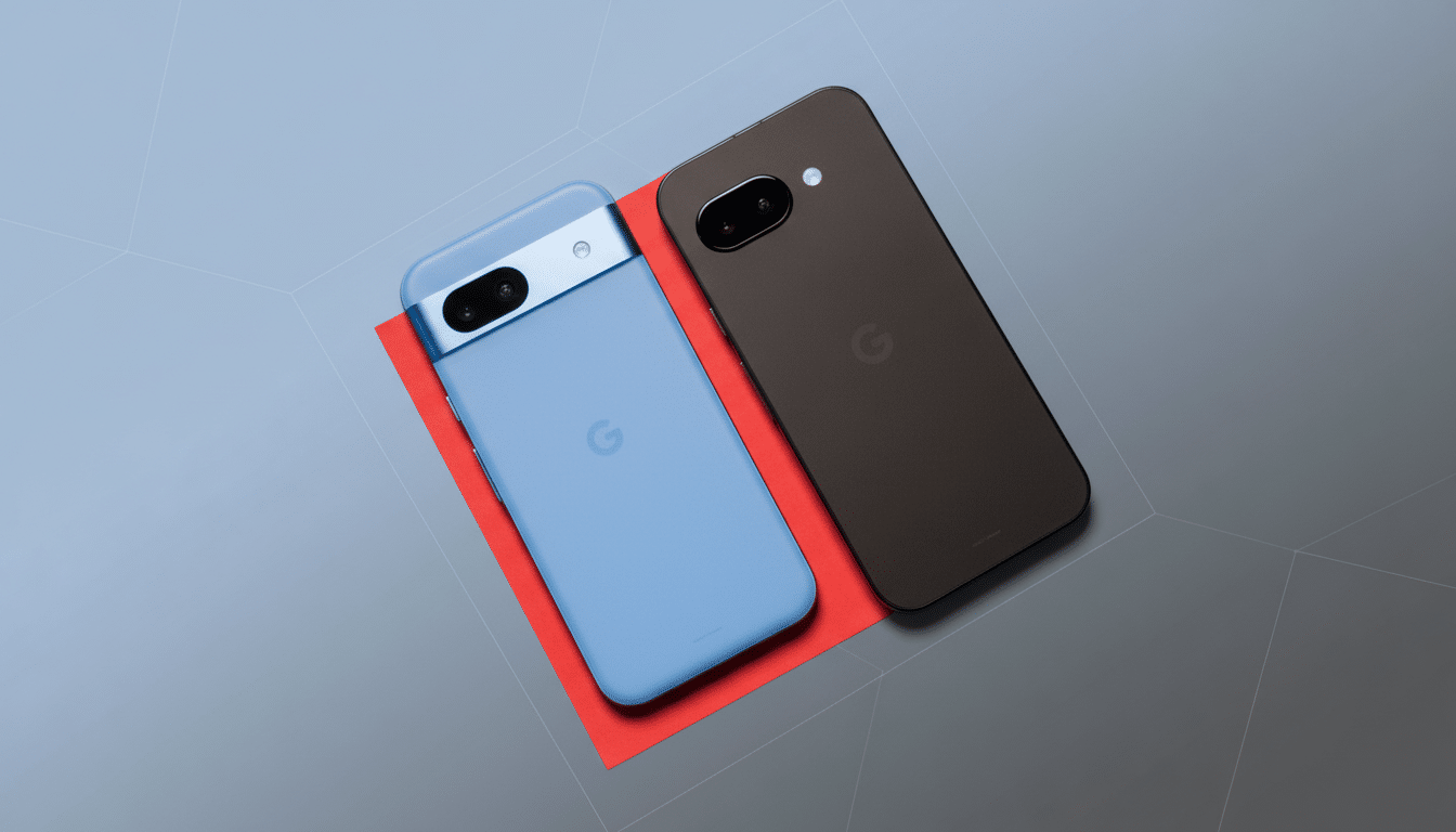 Two Google Pixel phones, one light blue and one black, are displayed on a red card against a professional gray background with subtle geometric patterns.