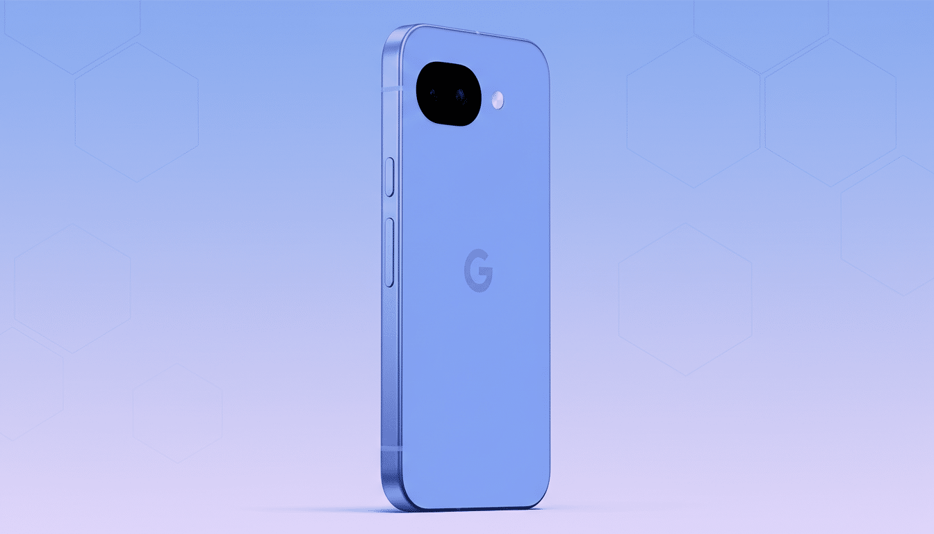 A blue smartphone with a Google logo on the back, presented in a 16:9 aspect ratio with a professional flat design background featuring soft hexagonal patterns and a gradient.