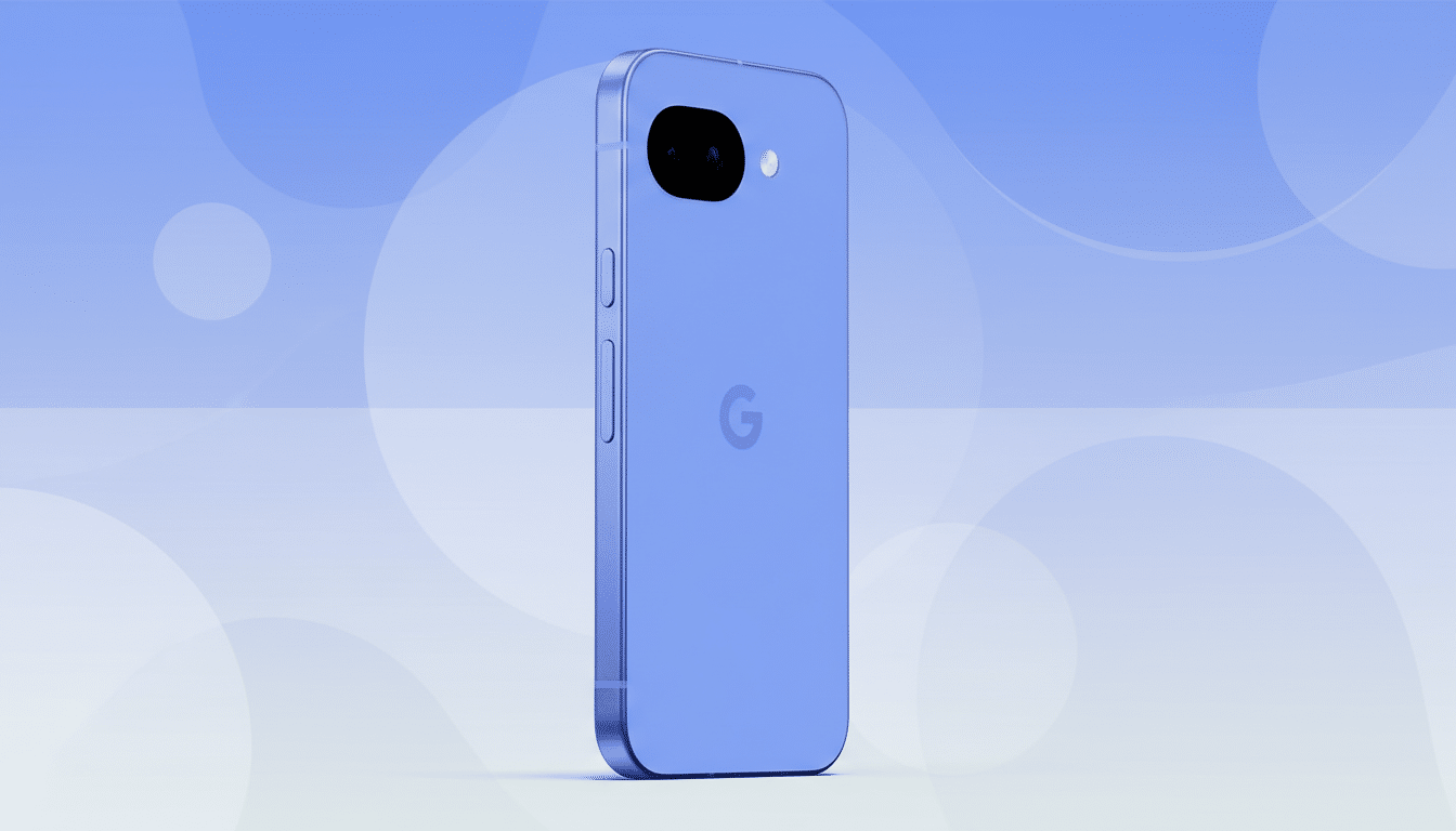 A blue smartphone with a Google logo on the back, presented in a 16:9 aspect ratio with a professional flat design background featuring soft blue patterns.