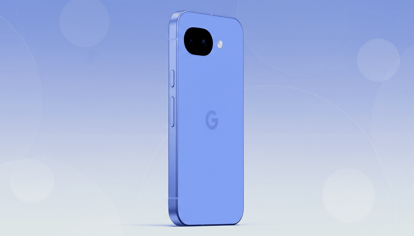 A blue Google Pixel phone is shown at a slight angle, with the camera and flash visible at the top left of the back, and a subtle G logo in the center. The phone is set against a professional flat design background with soft blue gradients and subtle circular patterns.