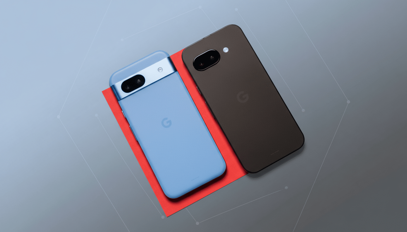 Two Google Pixel phones, one light blue and one black, are displayed on a red surface against a professional gray background with subtle geometric patterns.