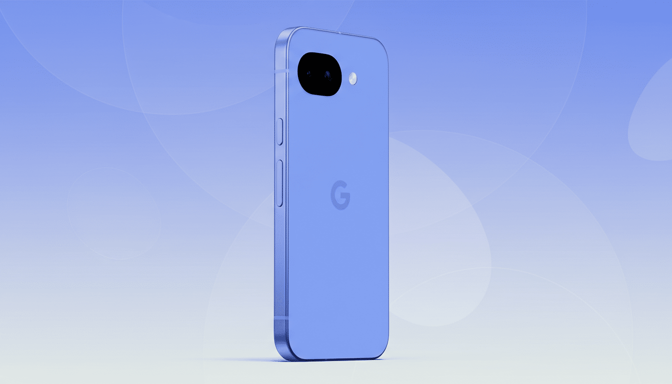 A blue smartphone with a Google logo on the back, presented on a professional flat design background with soft patterns and gradients.