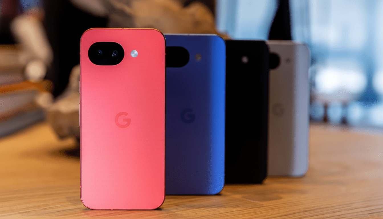 Four Google Pixel phones in different colors (pink, blue, black, and white) are lined up on a wooden surface.