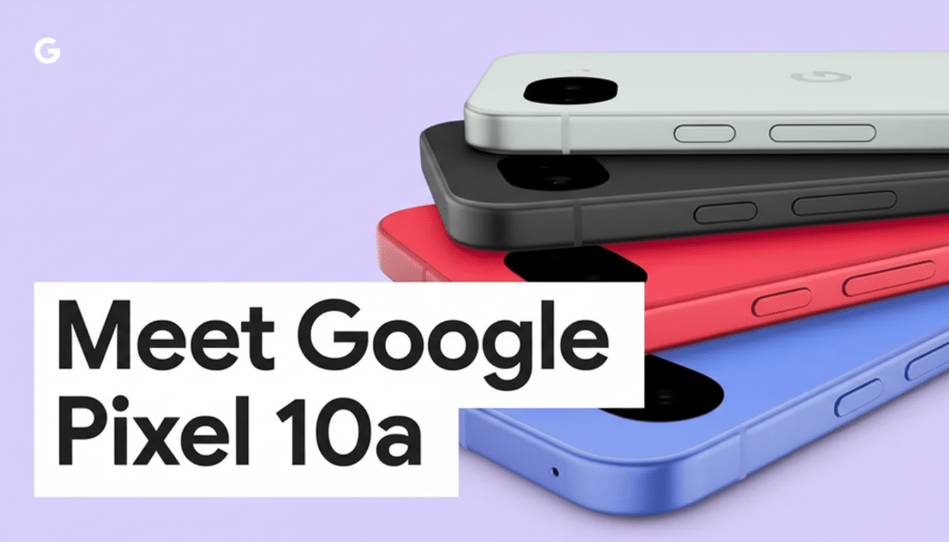 A stack of four Google Pixel 10a phones in white, black, red, and blue, with the text Meet Google Pixel 10a on a white box in the foreground.